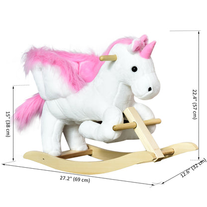 Qaba Baby Rocking Horse, Plush Animal Rocker for Toddlers Aged 18-36 Months, Stuffed Ride Toy with Sounds, Seat Belt, Wh
