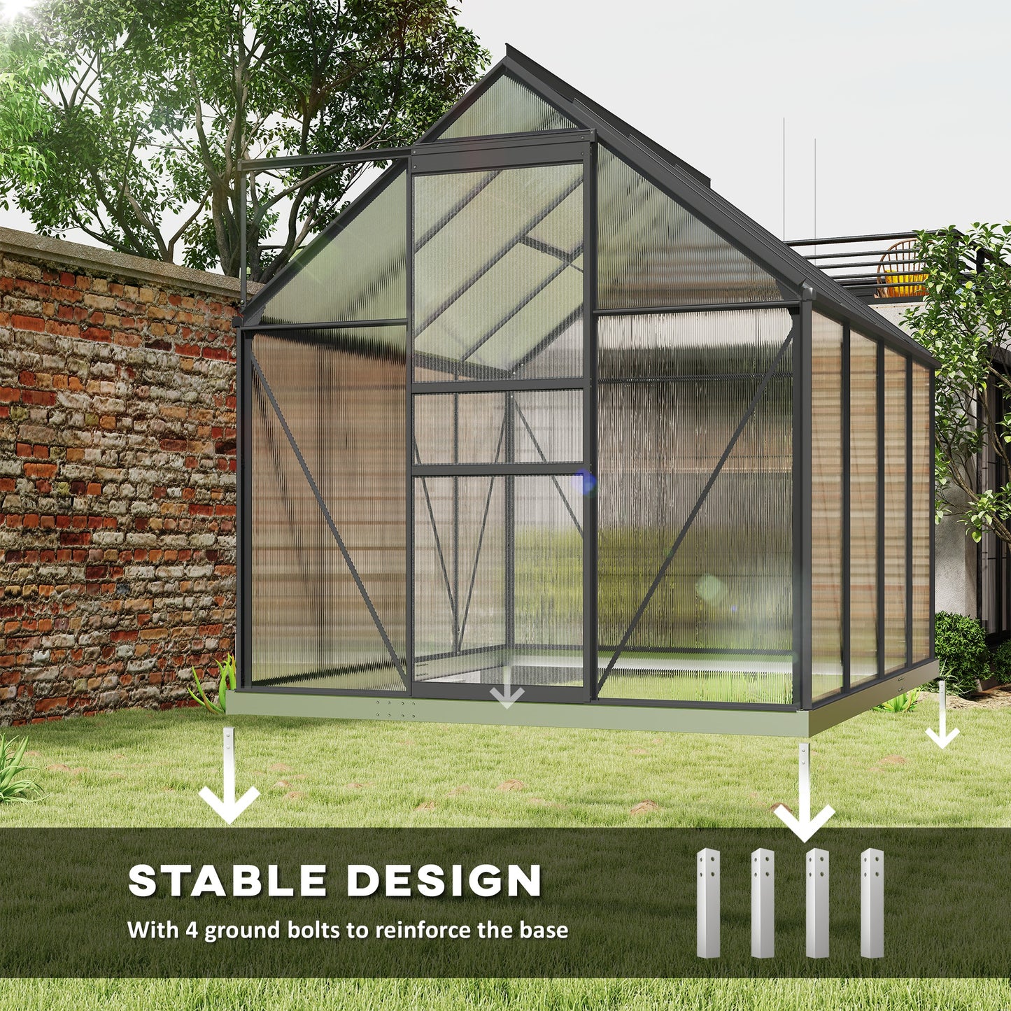 6' x 8' x 6.5' Polycarbonate Greenhouse, Walk-in Green House with Adjustable Roof Vent Galvanized Base Sliding Door Rain