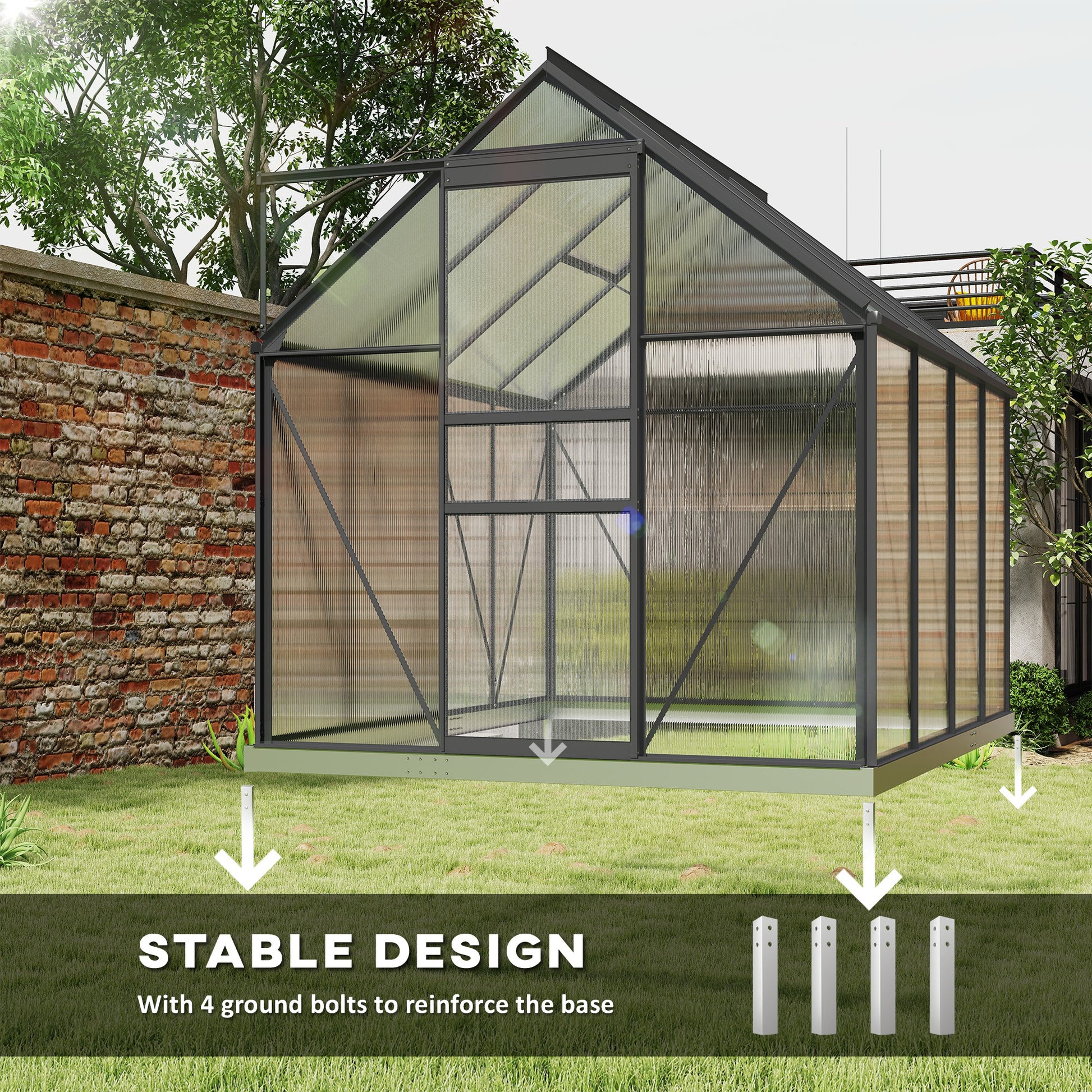 6' x 8' x 6.5' Polycarbonate Greenhouse, Walk-in Green House with Adjustable Roof Vent Galvanized Base Sliding Door Rain