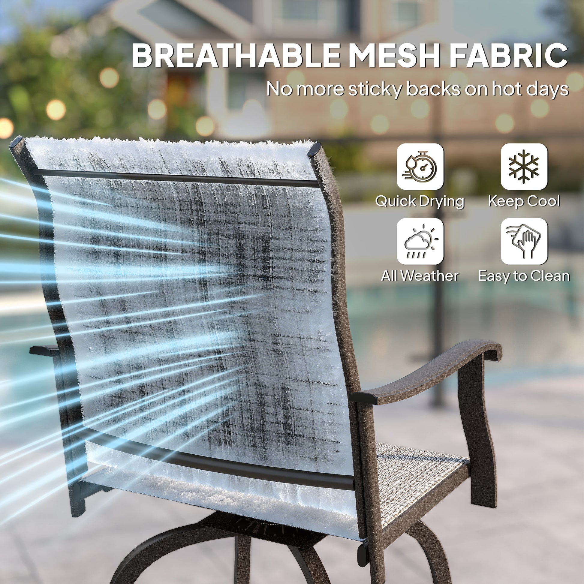 Outdoor Bar Stools Set of 2, Swivel Bar Height Chairs with High Back, Curved Armrests and Steel Frame, Mixed Grey