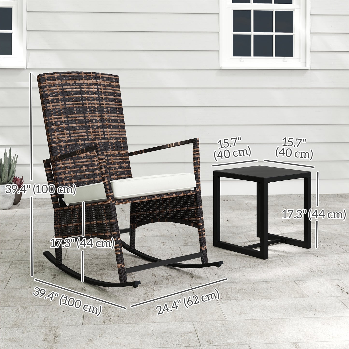 3 Piece Rocking Bistro Set, Wicker Patio Furniture with 3-Level Reclining High Back Rocking Chair and Glass Table, White