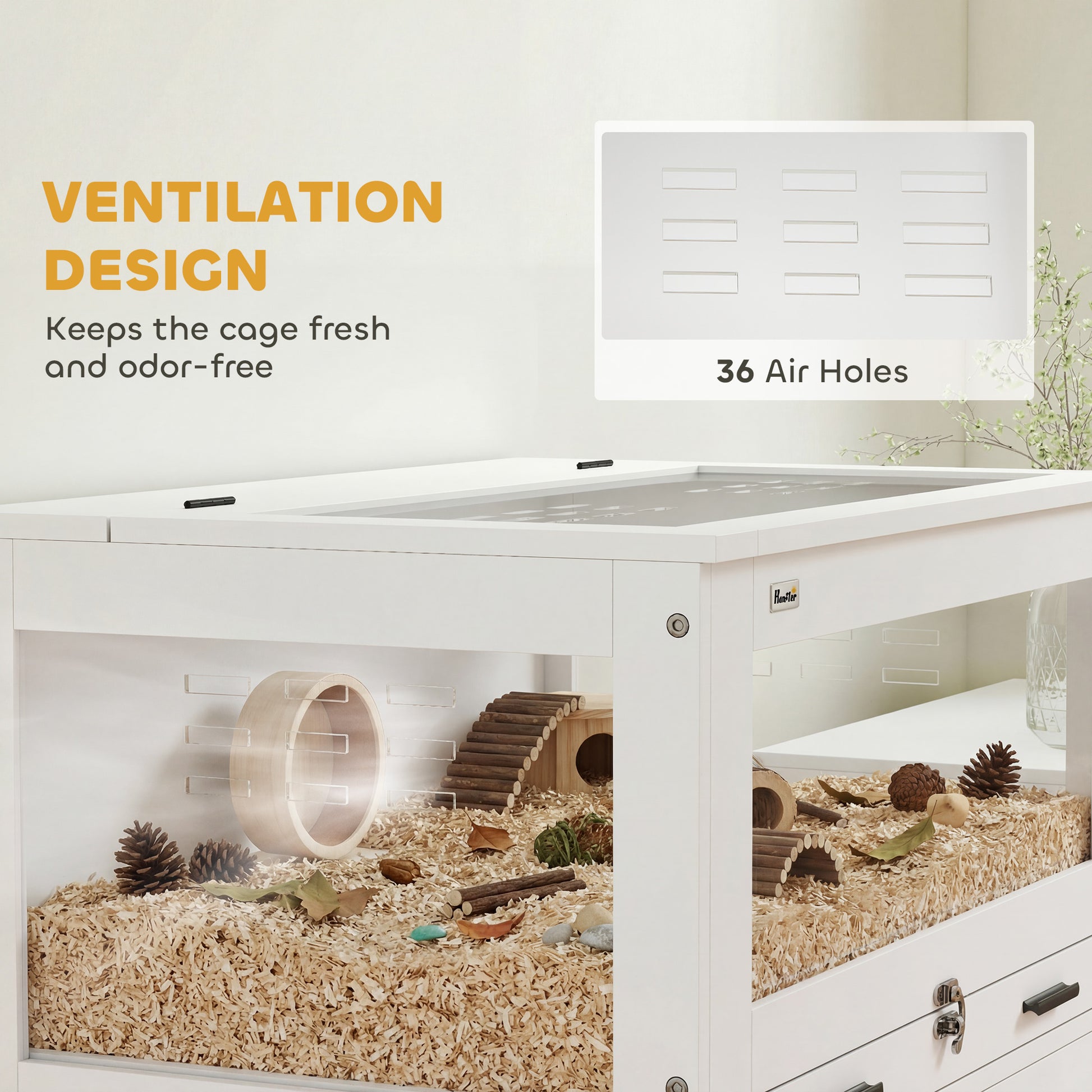Hamster Cage with Storage Cabinet, Small Animal Cage with Pull Out Drawer and Acrylic Panels, 30" x 19.5" x 36"