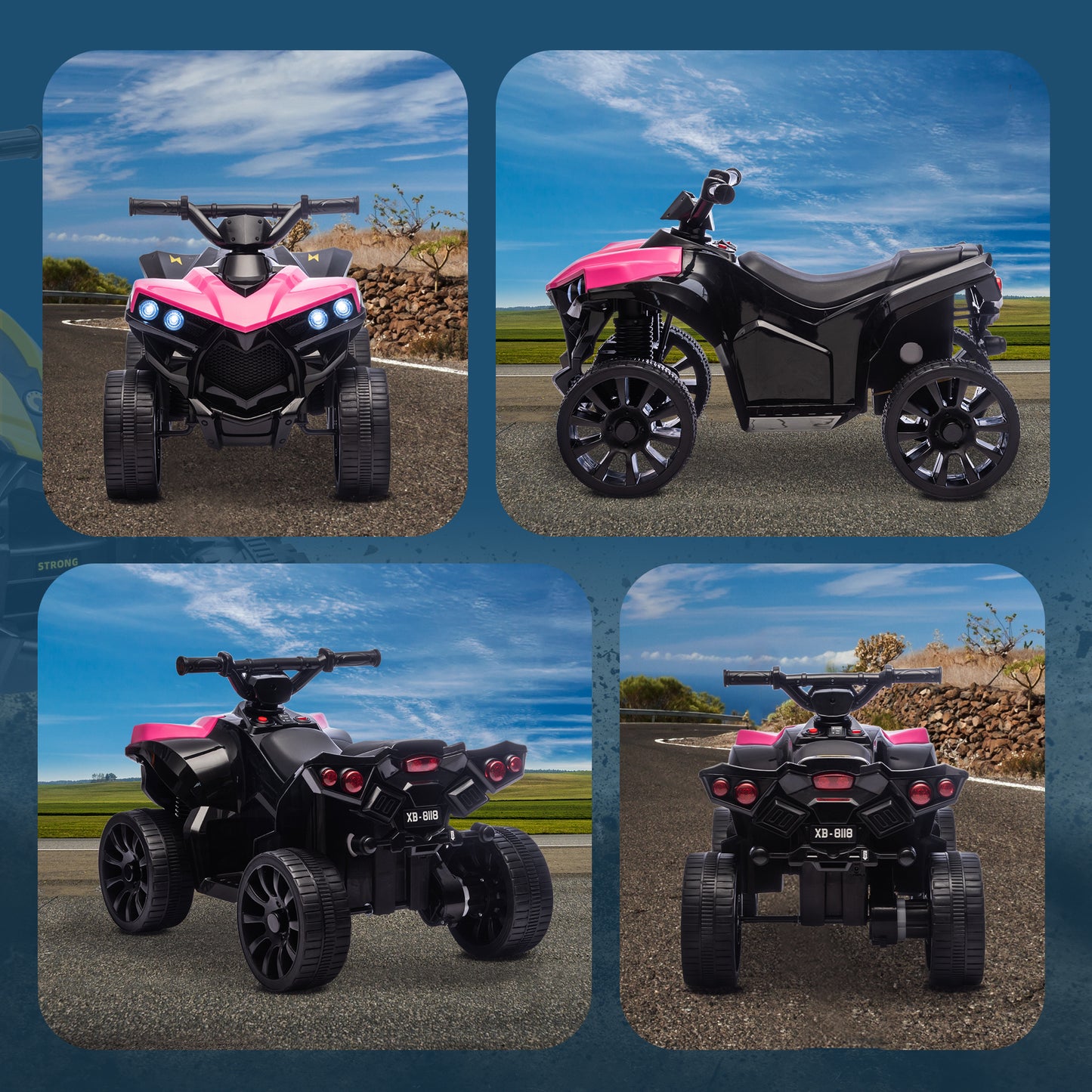 Qaba 6V Kids ATV, 4 Wheeler Electric Ride on Car with Music and LED Headlights, for Ages 37-72 Months Boys and Girls, Pi