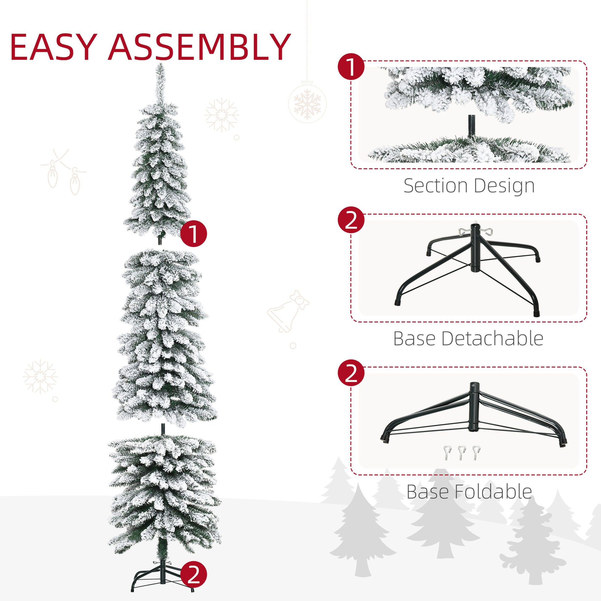 7ft Snow-Flocked Artificial Christmas Tree, Slim Pencil Xmas Tree with 490 Realistic Branches, Metal Base, Green