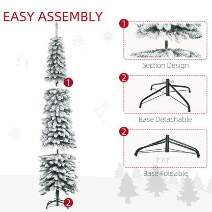 7ft Snow-Flocked Artificial Christmas Tree, Slim Pencil Xmas Tree with 490 Realistic Branches, Metal Base, Green