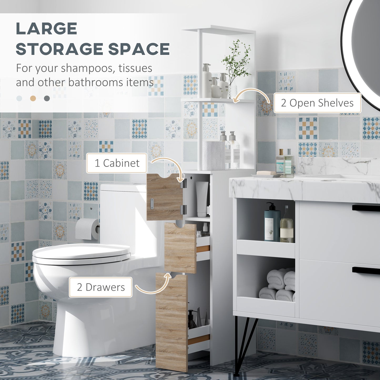 Tall Bathroom Storage Cabinet, Narrow Bathroom Cabinet with Drawers and Open Shelves for Small Spaces, Natural Wood