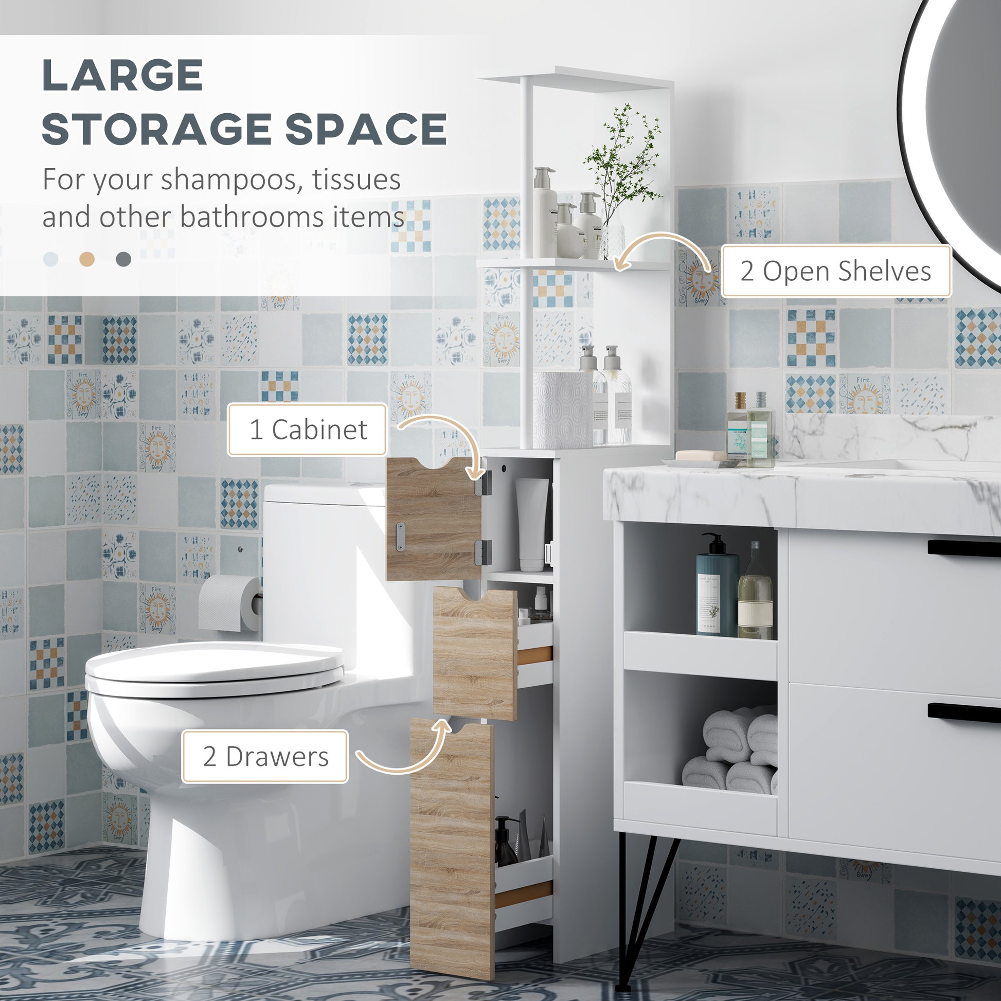 Tall Bathroom Storage Cabinet, Narrow Bathroom Cabinet with Drawers and Open Shelves for Small Spaces, Natural Wood