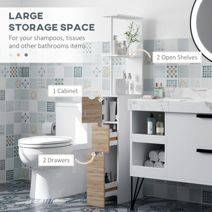 Tall Bathroom Storage Cabinet, Narrow Bathroom Cabinet with Drawers and Open Shelves for Small Spaces, Natural Wood