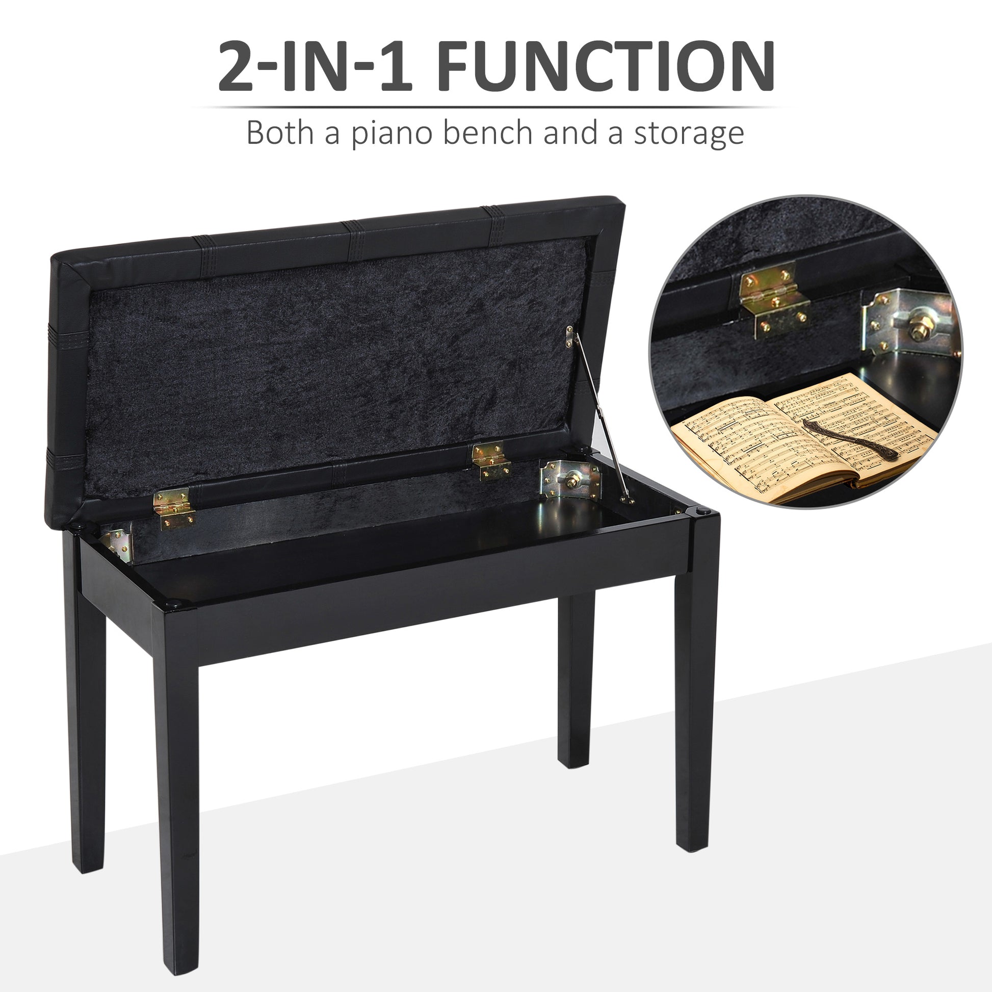 Classic Piano Bench Stool, PU Leather Padded Keyboard Seat with Rubber Wood Legs and Music Storage Compartment, Banded S