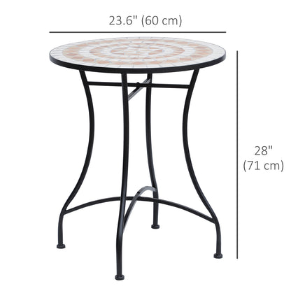 23.5" Mosaic Round Patio Table, Metal Side Bistro Coffee Table, Outdoor Furniture, Ceramic Tabletop for Garden Lawn