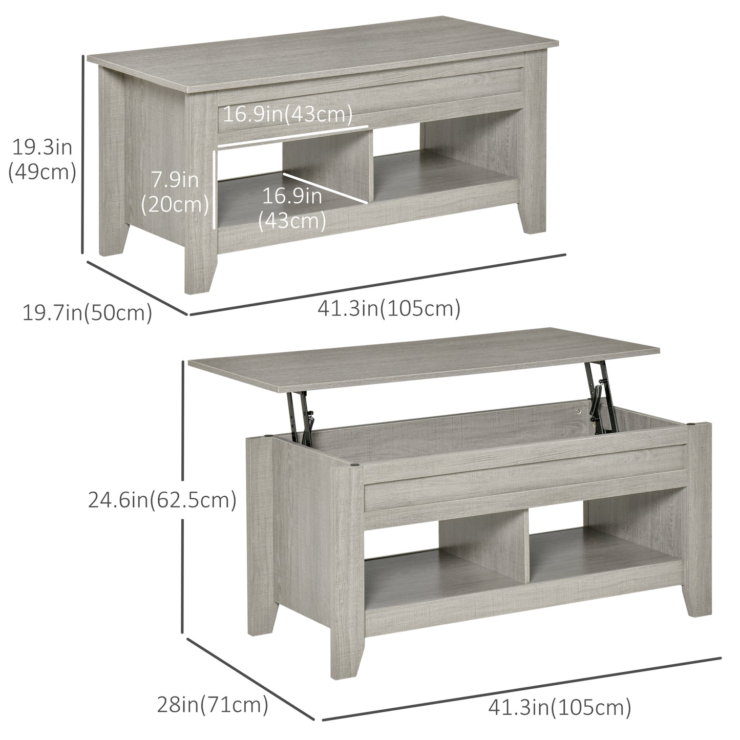 Lift Top Coffee Table with Hidden Storage Compartment and Open Shelves, Lift Tabletop Pop-Up Center Table for Living Roo
