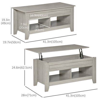 Lift Top Coffee Table with Hidden Storage Compartment and Open Shelves, Lift Tabletop Pop-Up Center Table for Living Roo
