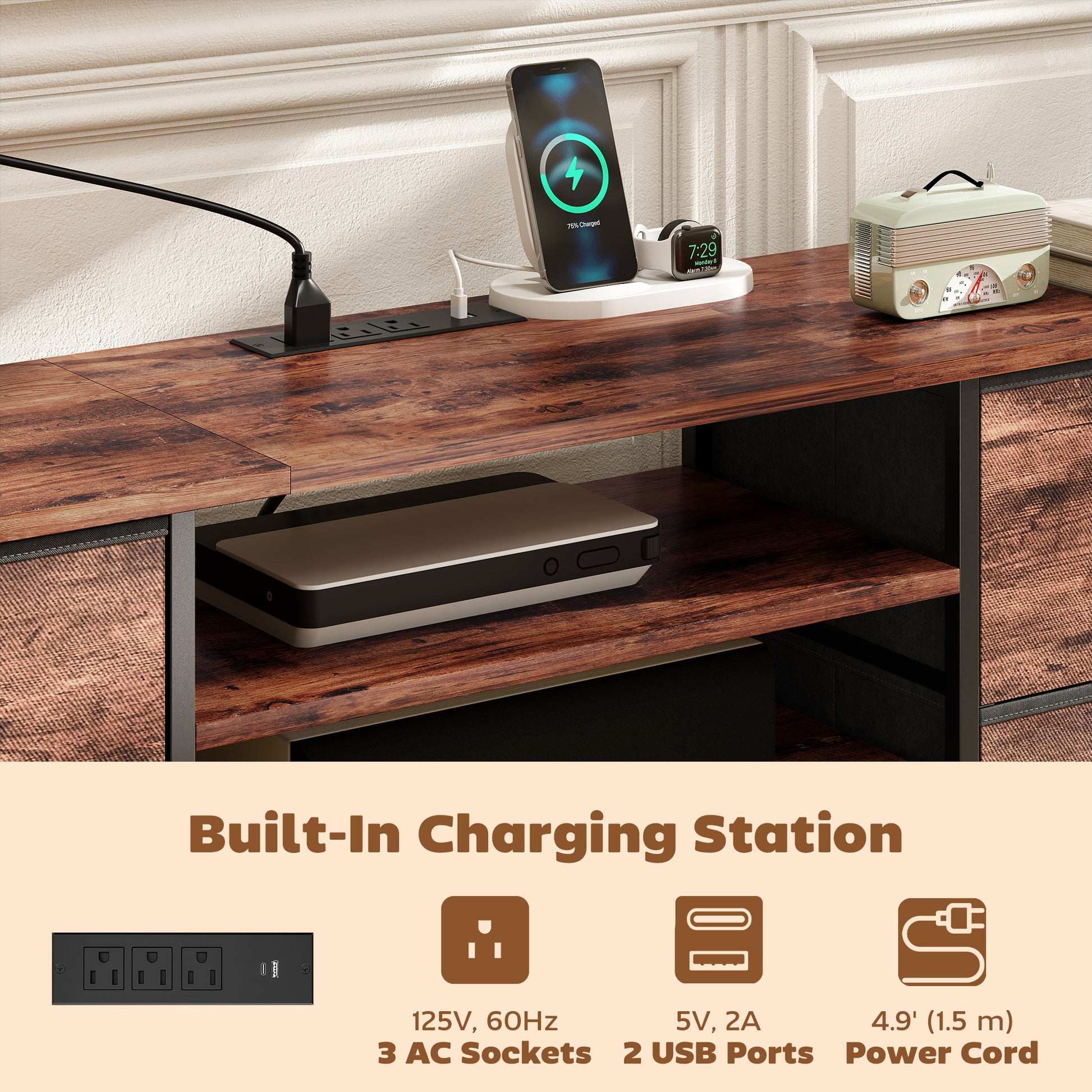 TV Stand for TVs up to 70 Inch, Industrial TV Console with Charging Station, 5 Drawers and Open Shelves, Rustic Brown