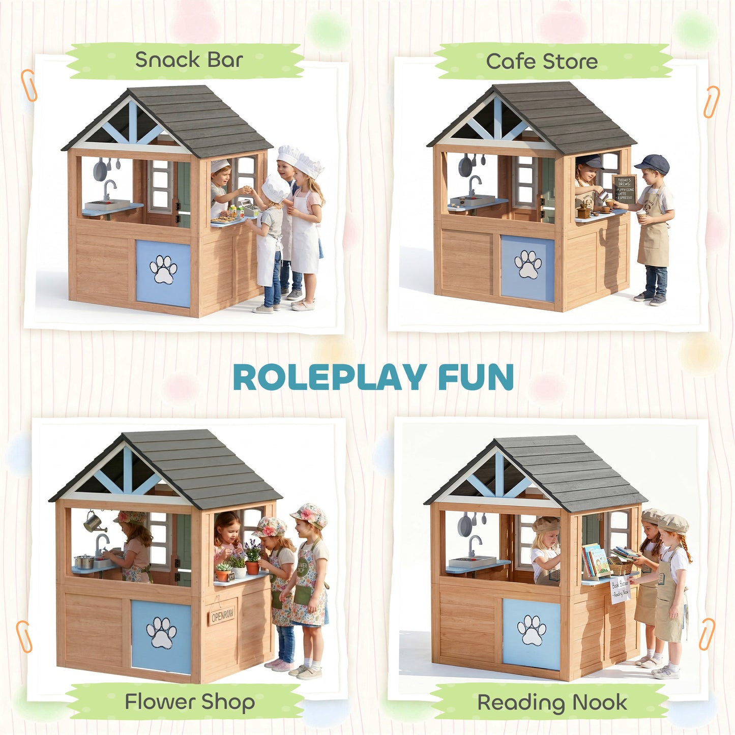 Qaba Kids Outdoor Playhouse, Wooden Cottage Play House with Pet Door, Play Kitchen, Half Door and Windows for Indoor Out