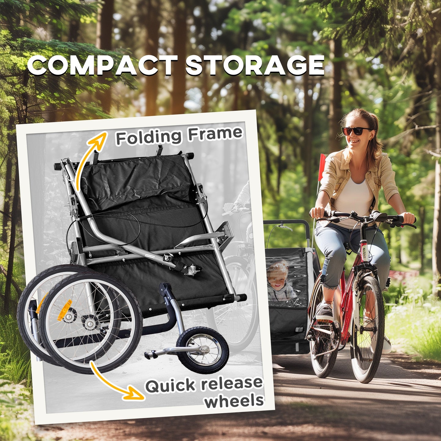 VarietyKart 2-in-1 Bike Trailer for Kids, Foldable 2-Seat Baby Stroller with 5-Point Harness, Rubber Wheels, Storage Bag