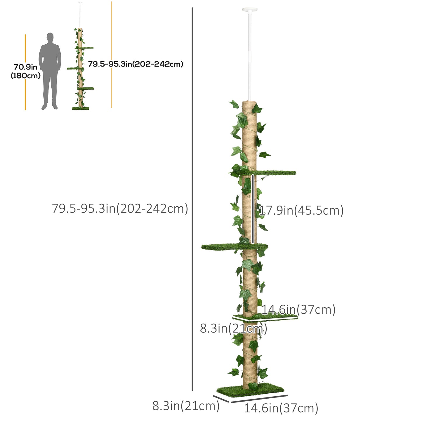 4-Tier Floor to Ceiling Cat Tree, Height(80-95Inches)Adjustable, Tall Cat Tower w/ Anti-Slip Kit, Leaves, Multi-Layer Ac