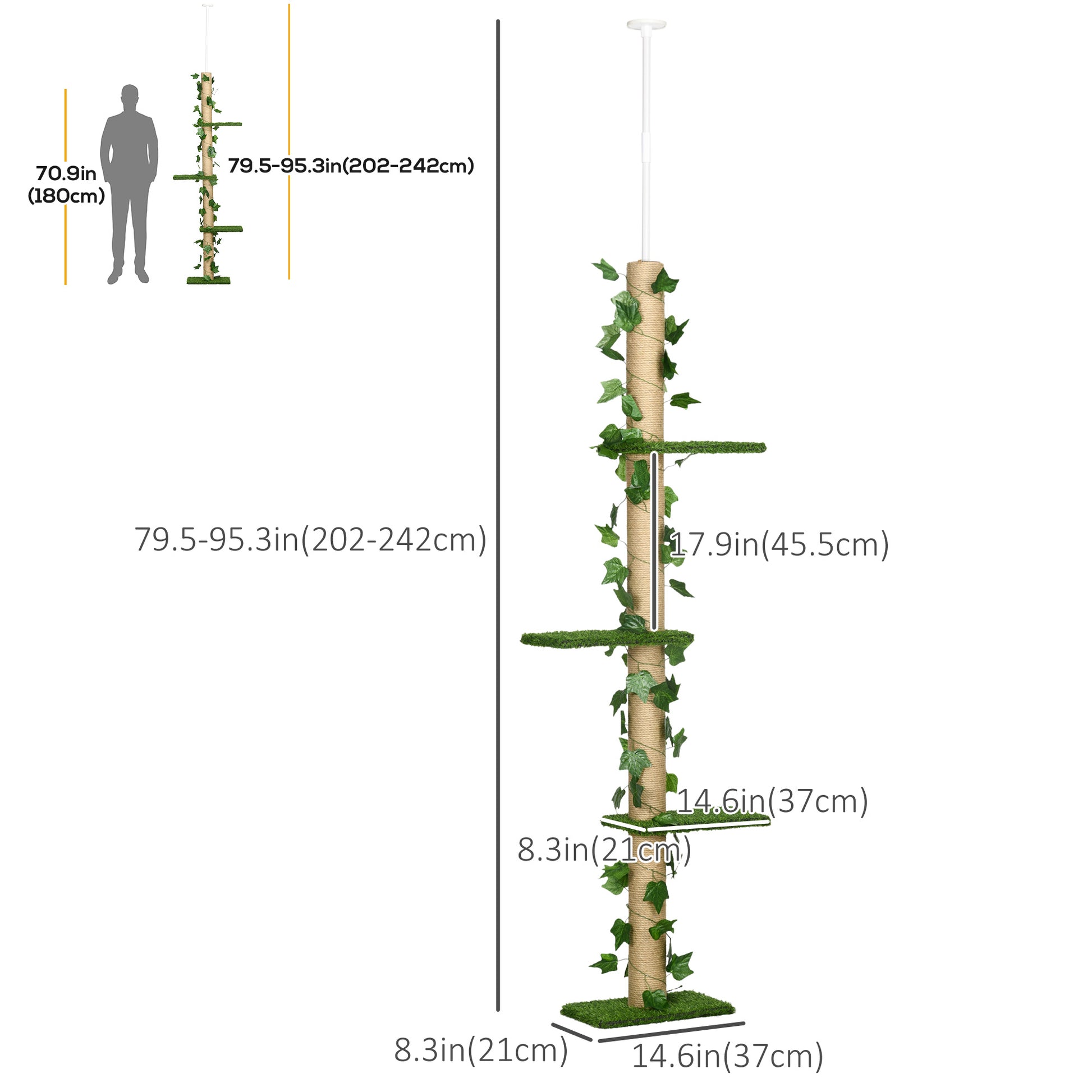 4-Tier Floor to Ceiling Cat Tree, Height(80-95Inches)Adjustable, Tall Cat Tower w/ Anti-Slip Kit, Leaves, Multi-Layer Ac