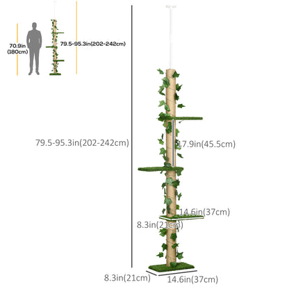 4-Tier Floor to Ceiling Cat Tree, Height(80-95Inches)Adjustable, Tall Cat Tower w/ Anti-Slip Kit, Leaves, Multi-Layer Ac