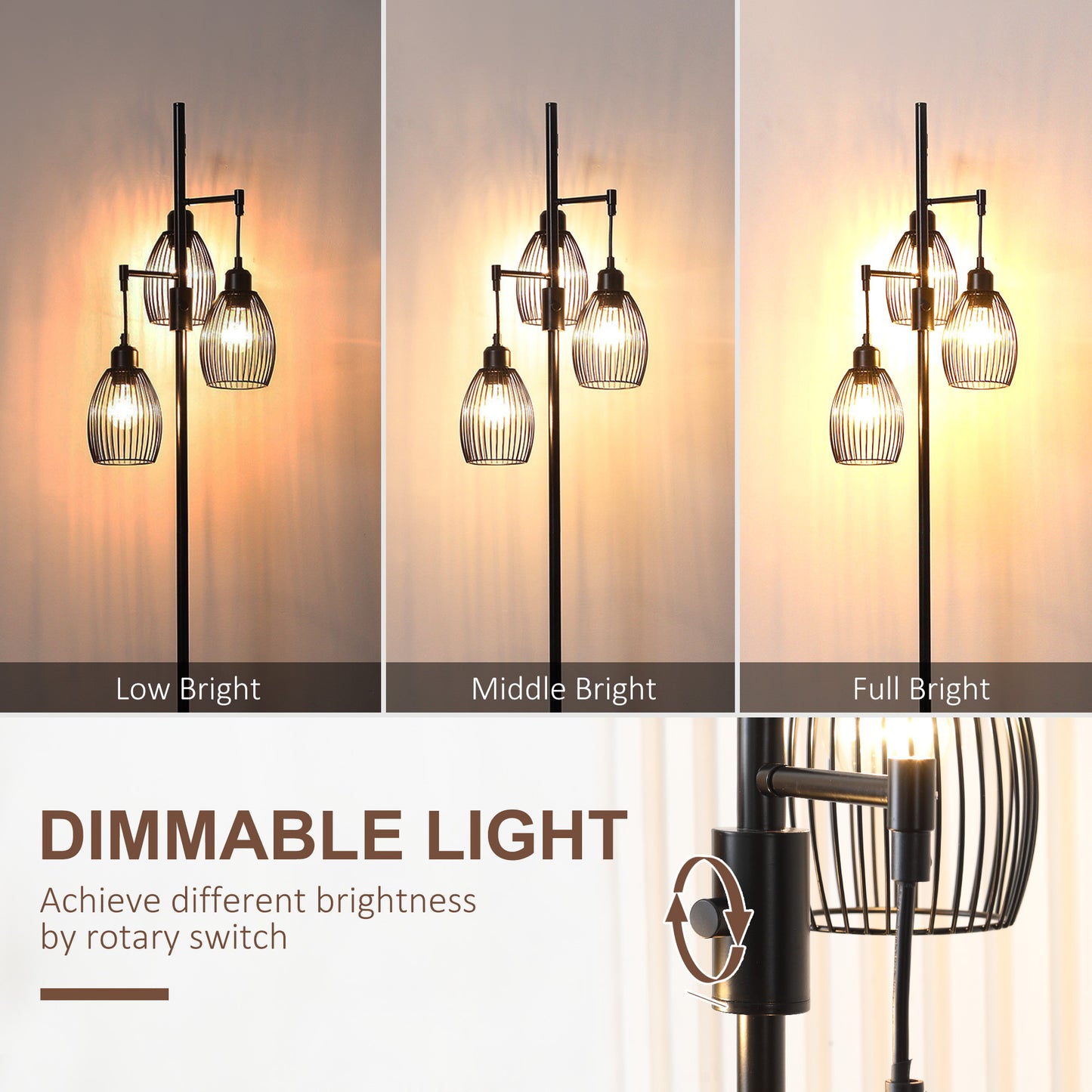Industrial Floor Lamp with 3 Hanging Wire Lampshades, Dimmable Standing Lamp for Living Room, Bedroom, Dining Room, Stud