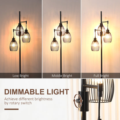 Industrial Floor Lamp with 3 Hanging Wire Lampshades, Dimmable Standing Lamp for Living Room, Bedroom, Dining Room, Stud