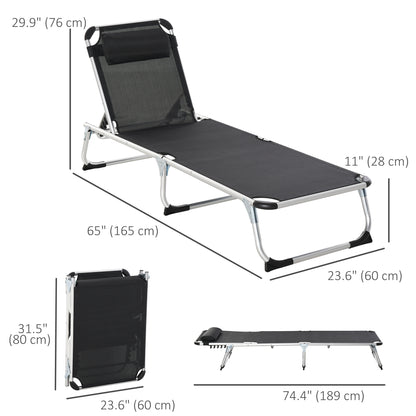 Folding Lounge Chair, Patio Lounger with Headrest, 5-Level Adjustable Backrest, and Aluminum Frame, Black