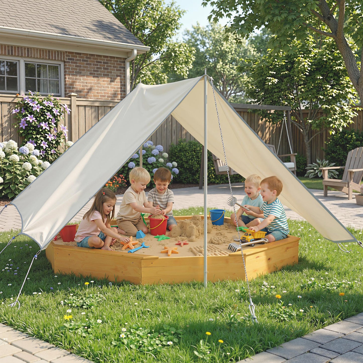 Qaba Wooden Kids Wooden Sandbox with Large Canopy, Outdoor Sand Box with 4 Bench Seats, Bottom Liner for Aged 3-8, Yello