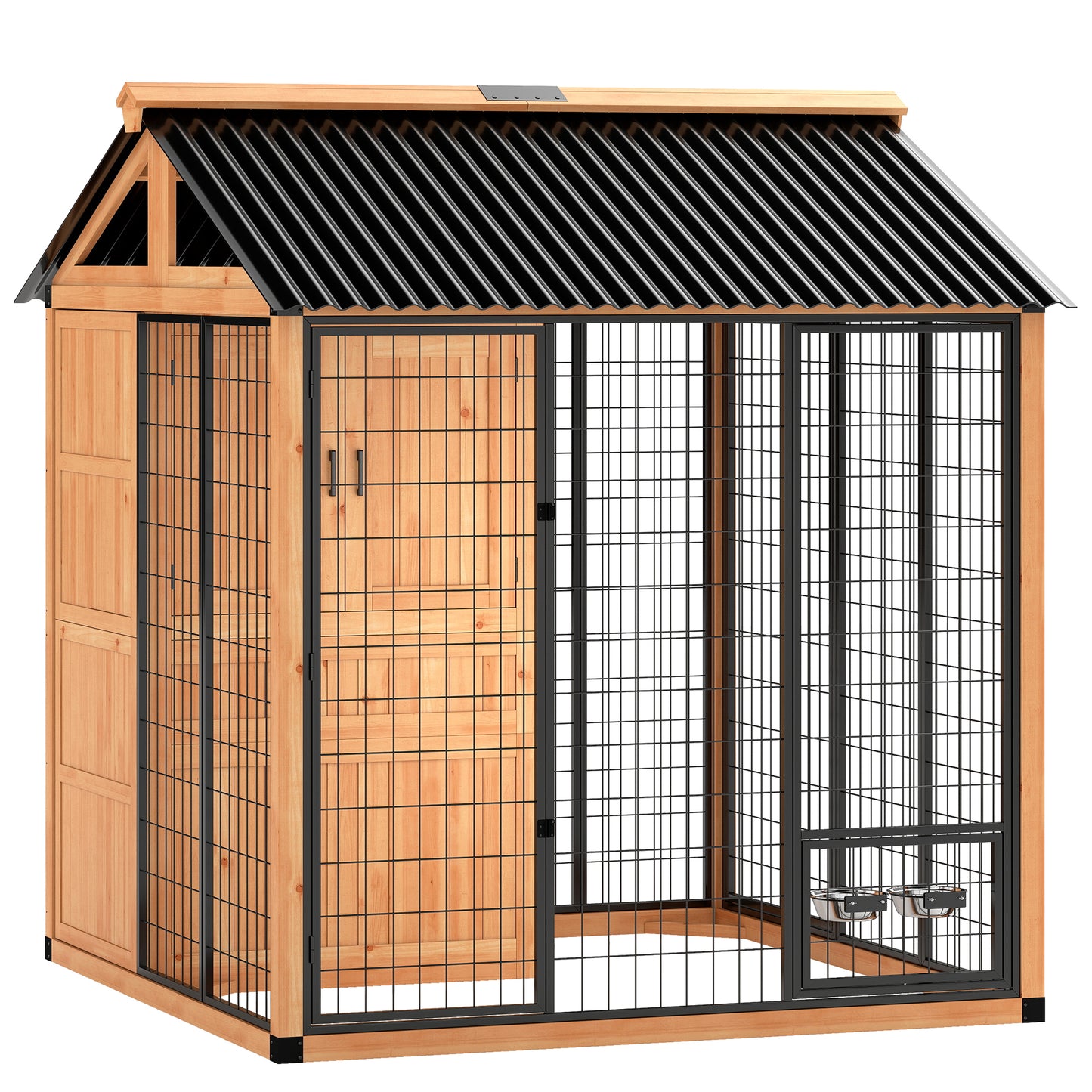 86" L Dog House Outdoor, Wooden Dog Kennel with Storage Cabinet, Stainless Steel Bowls for Large Breeds, Yellow