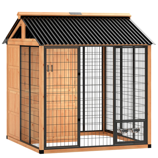 86" L Dog House Outdoor, Wooden Dog Kennel with Storage Cabinet, Stainless Steel Bowls for Large Breeds, Yellow