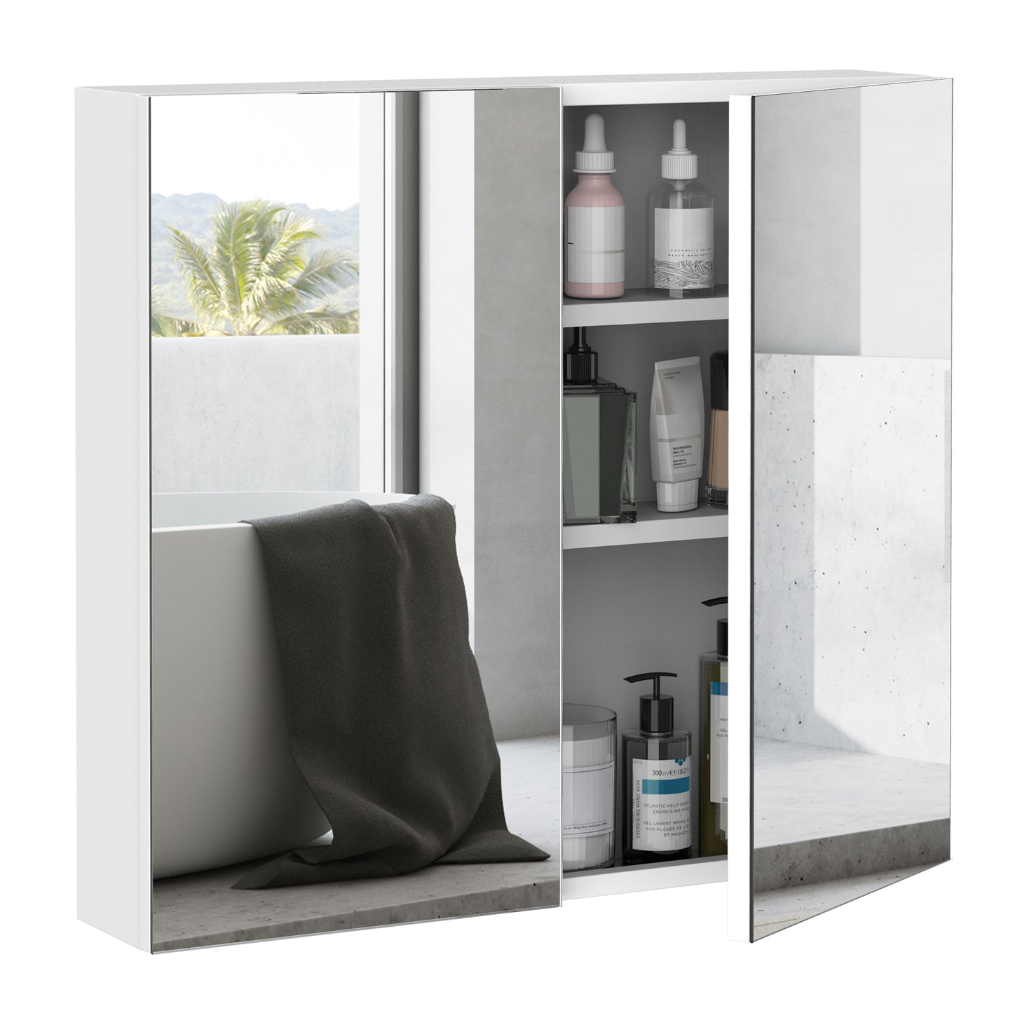 Wall Mounted Mirror Cabinet, Bathroom Medicine Cabinet with Mirror, 2 Doors and 3-tier Shelving, White