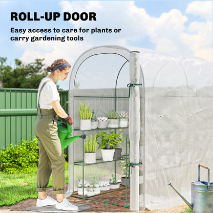Walk-in Mini Greenhouse with Shelves, Portable Outdoor Greenhouse with Roll-up Door, 123 x 187 x 189 cm, White