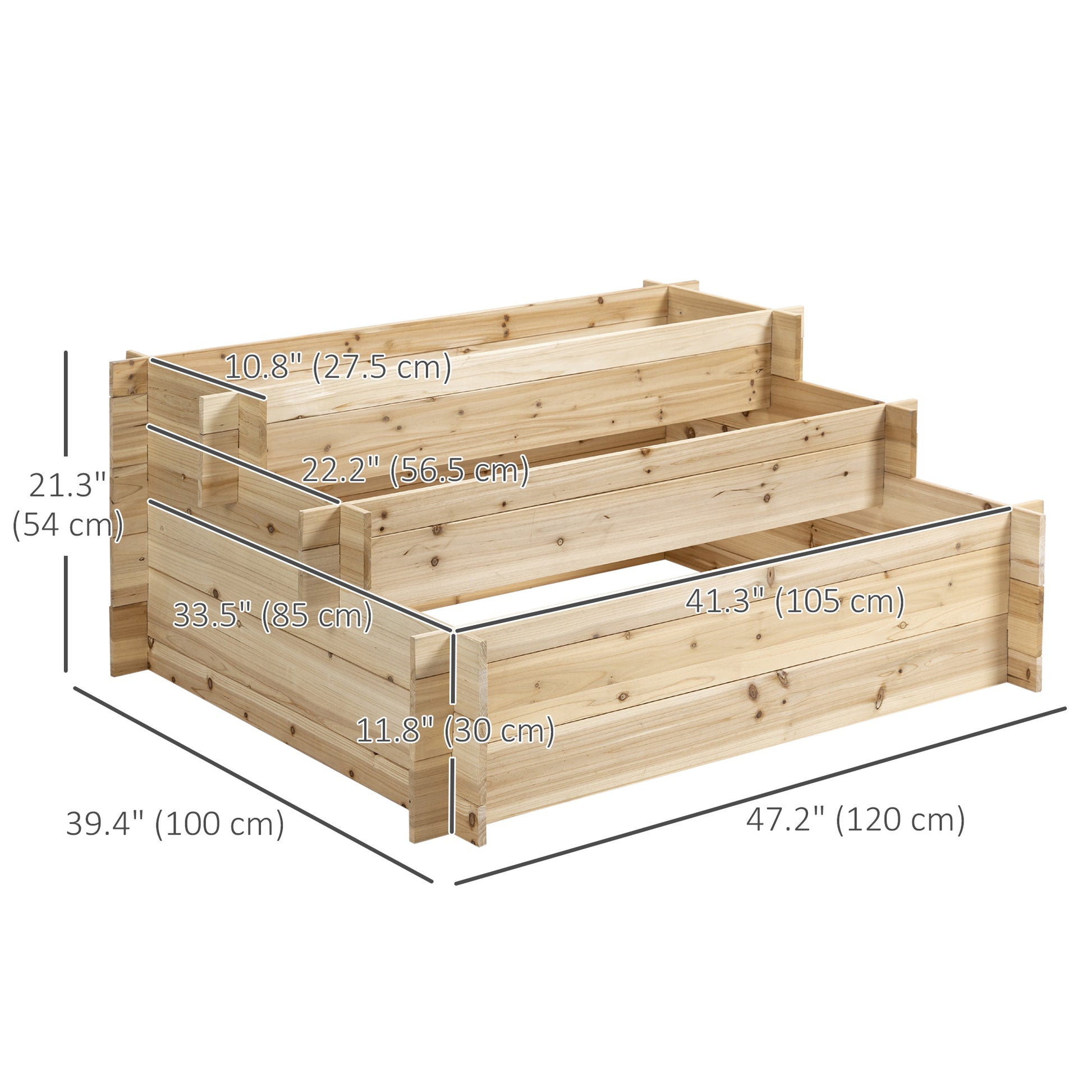 3-Tier Wood Raised Garden Bed, 47.2" x 39.4" x 21.3" Elevated Planting Box, Outdoor Vegetable Flower Container, Herb Gar