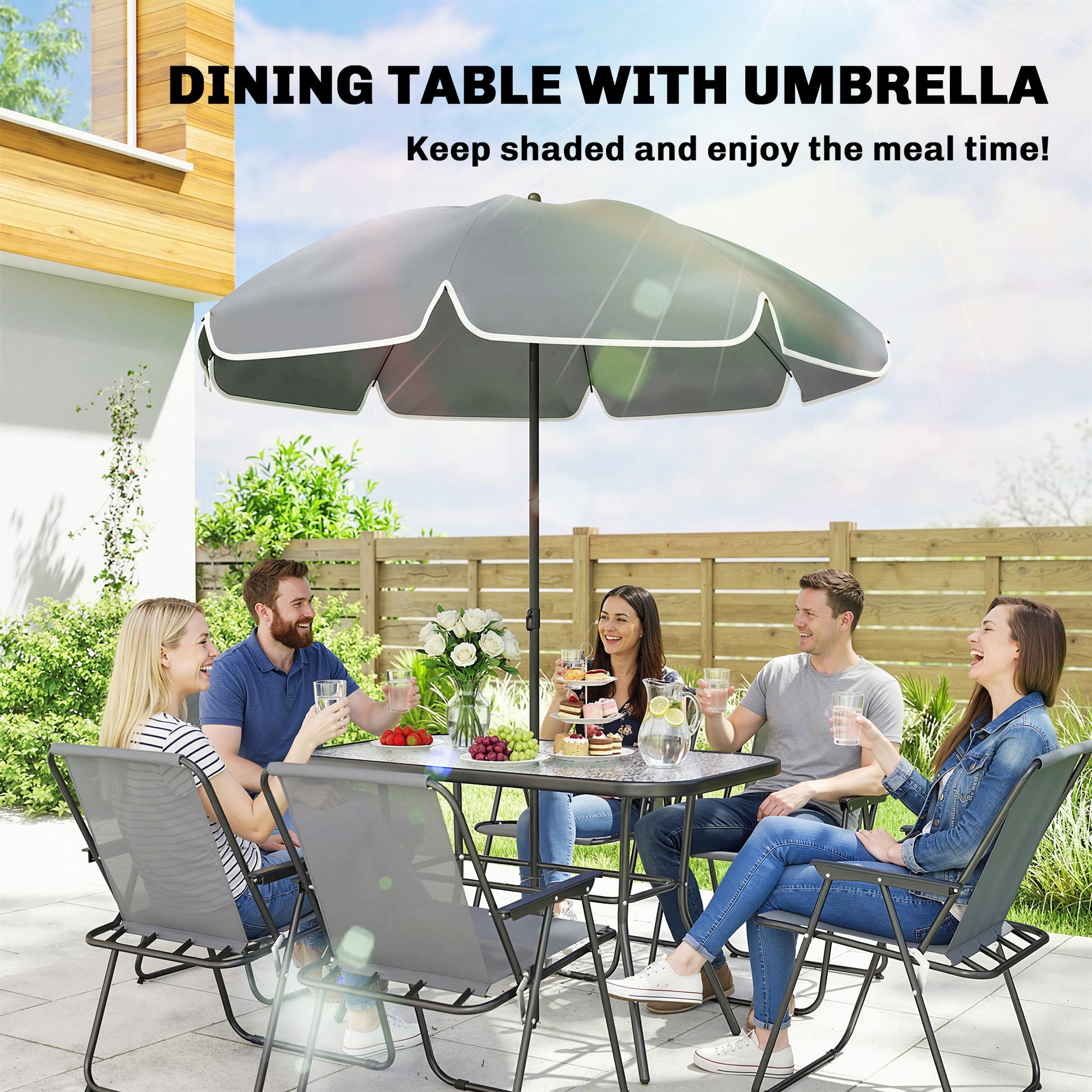 8 Piece Patio Table and Chairs Set with Folding Chairs, Tempered Glass Tabletop and Umbrella for Garden, Grey