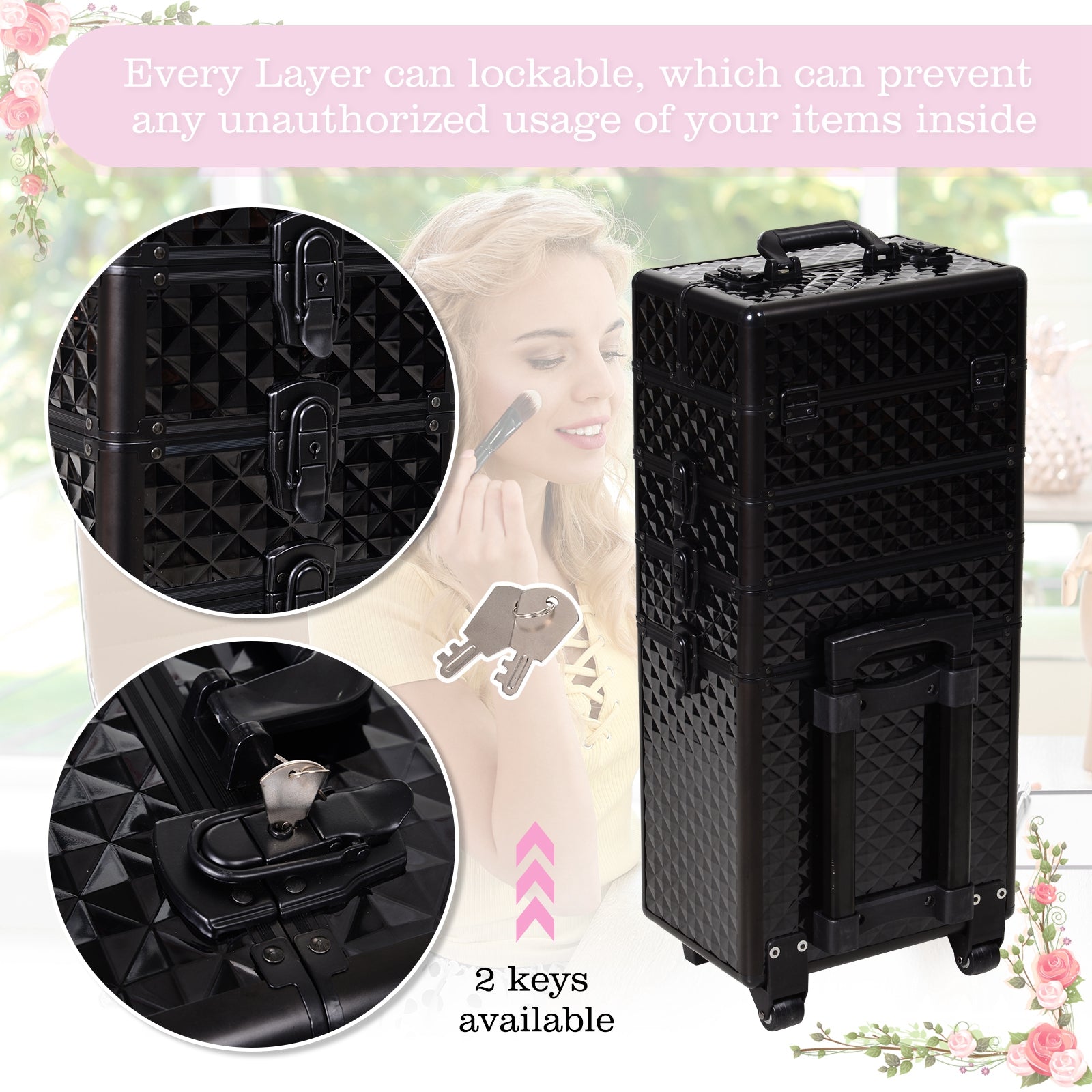 4 in 1 Portable Aluminum Makeup Case Train Cases, Rolling Makeup Case with 2 Wheels, Multiple Compartments and Lift Hand