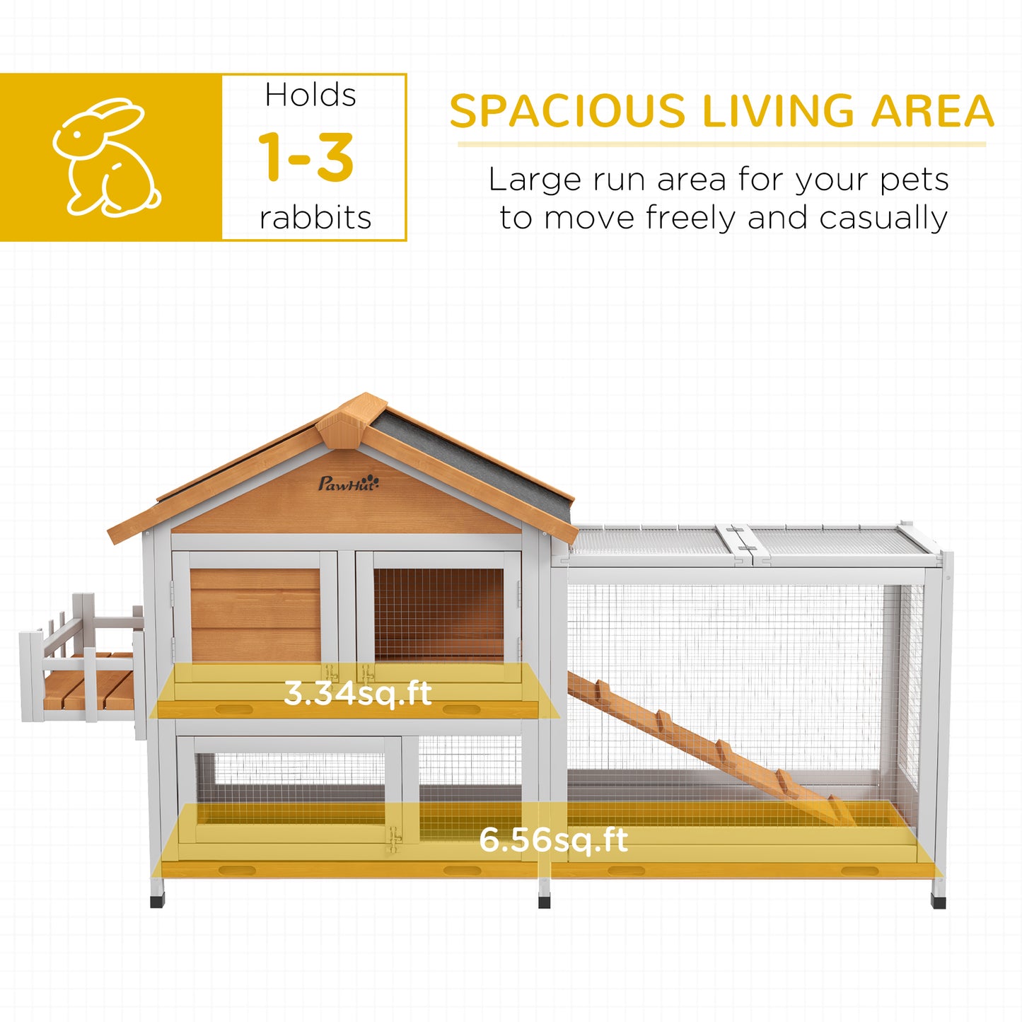 65" Wooden Rabbit Hutch, Pet Playpen with Openable Roof, Storage Box, for Rabbits and Small Animals, Yellow