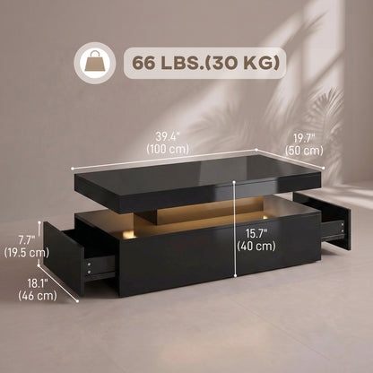 LED Coffee Table with Storage, 2-Tier Modern Center Table with 2 Drawers for Living Room, High Gloss Black