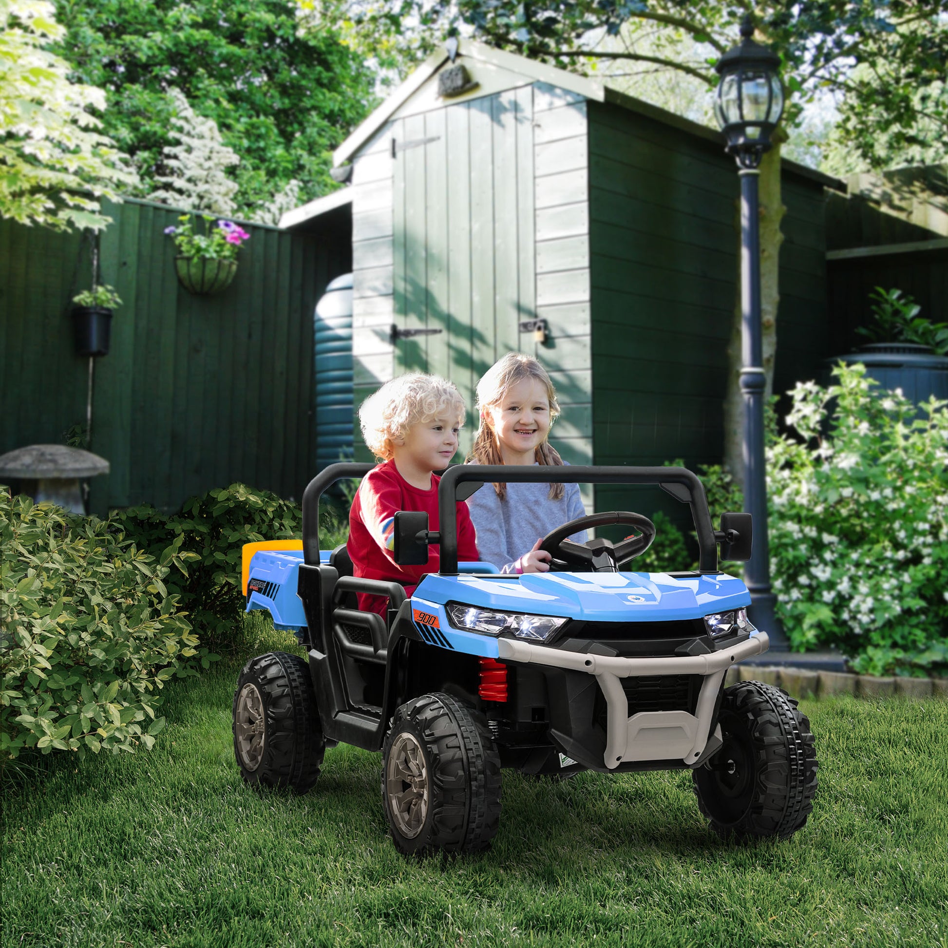 VarietyKart 12V Ride on Car with Electric Bucket, Two-Seater, Shovel, Remote Control, Spring Suspension, Horn, Music, Bl
