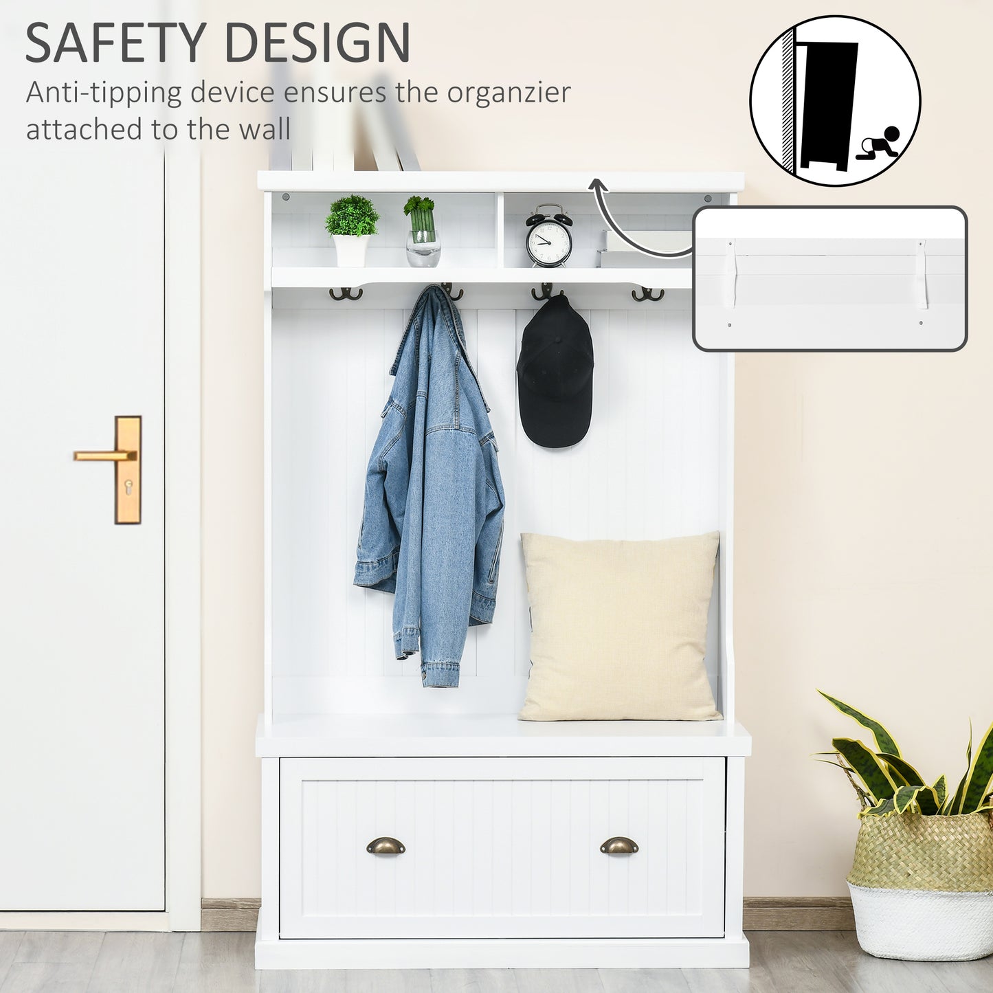 64.5" H Hall Tree with Storage Drawer & Top Shelf, Coat Rack Wooden Entryway Storage Bench Hall Tree Hallway Clothes Bag