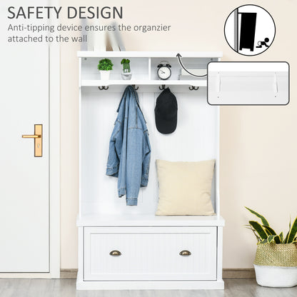 64.5" H Hall Tree with Storage Drawer & Top Shelf, Coat Rack Wooden Entryway Storage Bench Hall Tree Hallway Clothes Bag