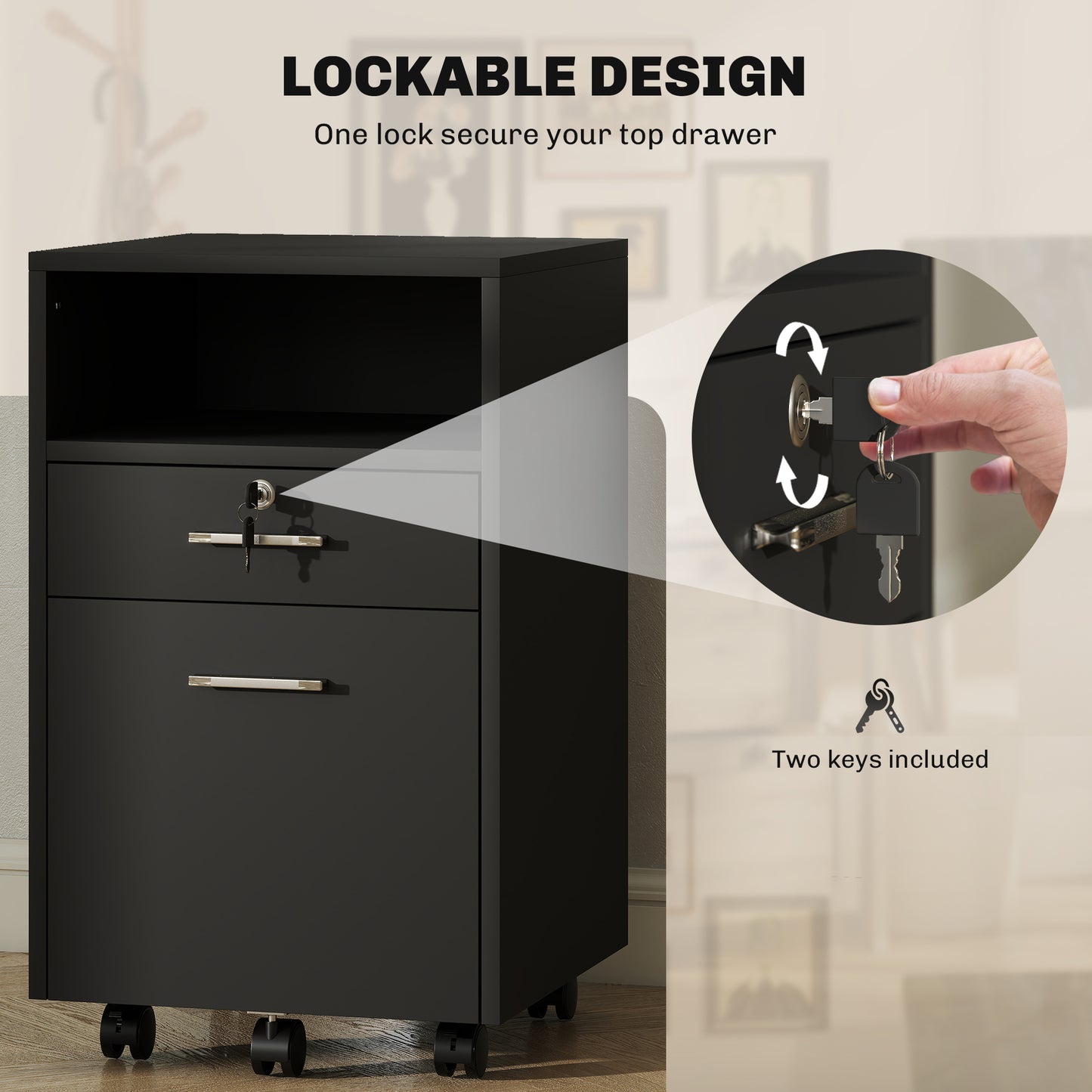 Small Filing Cabinet with 2 Drawers, Lockable Home Office Storage Cabinets on Wheels for A4, Letter Size, Black