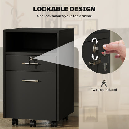 Small Filing Cabinet with 2 Drawers, Lockable Home Office Storage Cabinets on Wheels for A4, Letter Size, Black