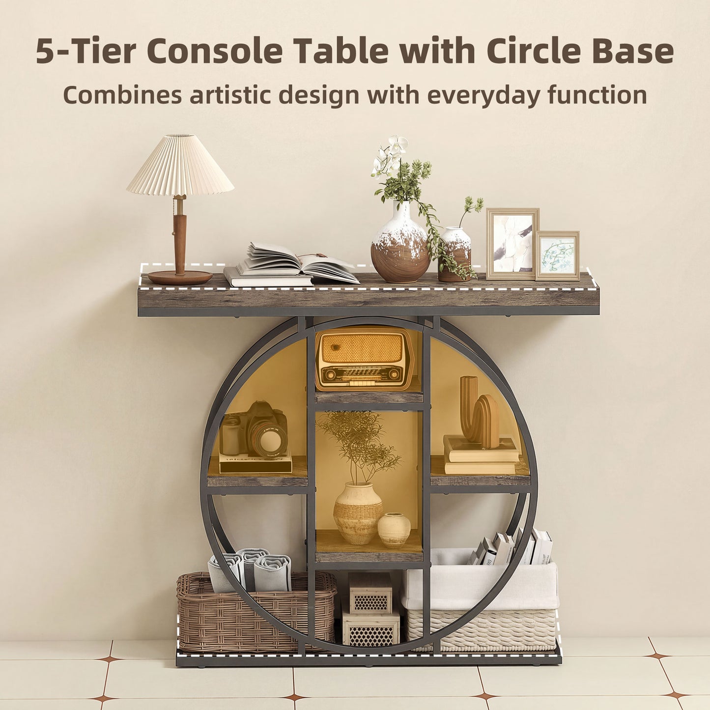 39.4" Console Table with Storage Shelves, Industrial Sofa Table for Living Room, Hallway, Rustic Brown