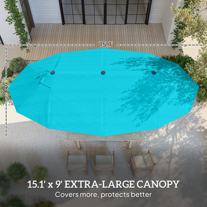 15' Outdoor Patio Umbrella with Twin Canopy Sunshade Steel Table Umbrella w/ Lift Crank, Cross base, Sandbag, Light Blue