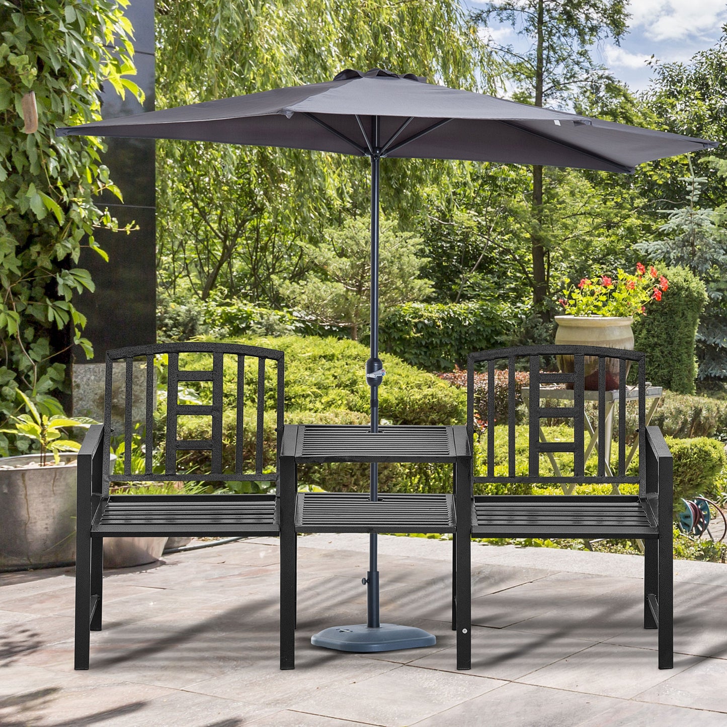 Steel Garden Bench w/ Middle Table, Umbrella Hole, Double Seat for Outdoor, Patio, Backyard  Weather-Resistant Frame, Bl