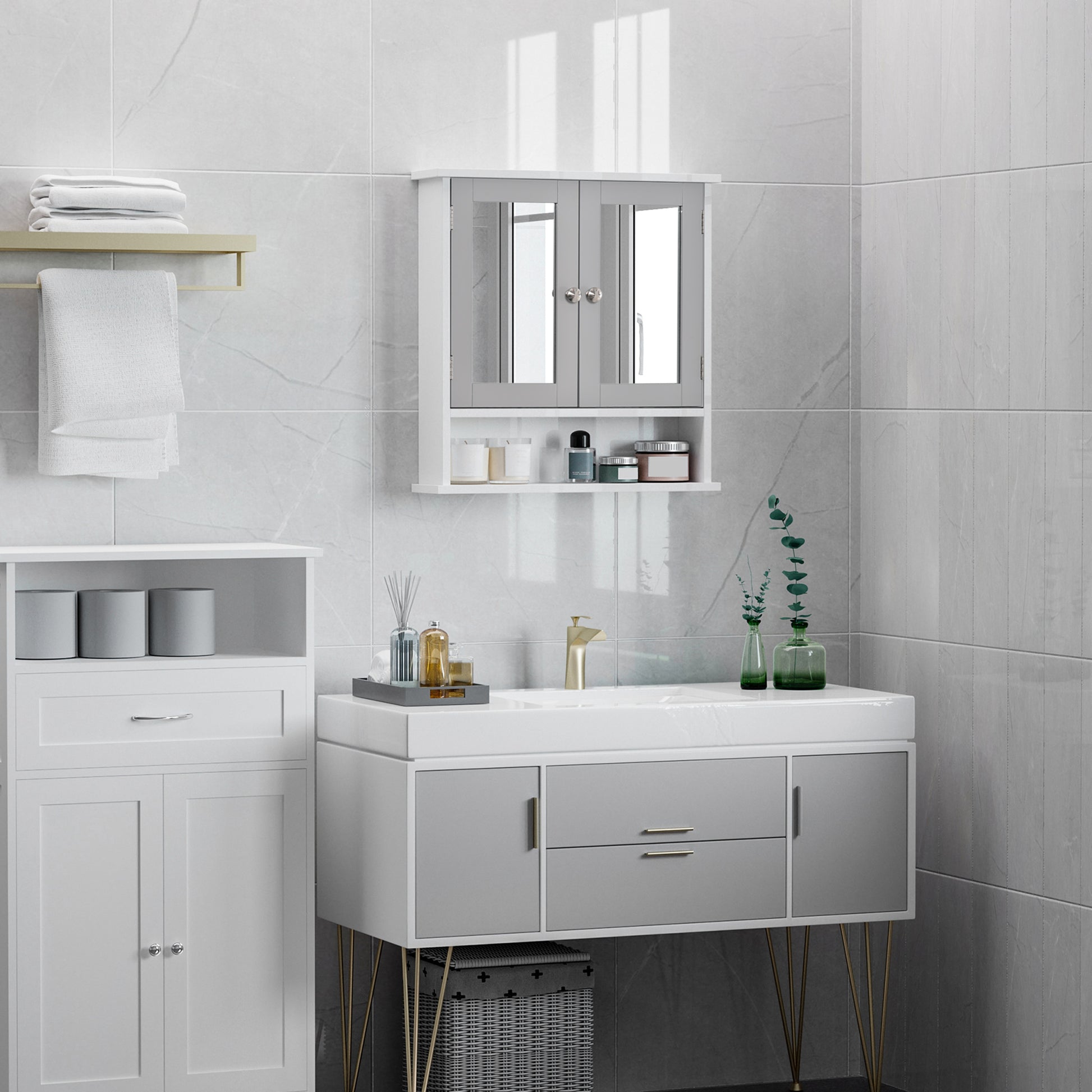 Medicine Cabinet, Wall-Mounted Bathroom Mirror Cabinet with Double Doors, Open Shelf, and Adjustable Shelf, Modern Bathr