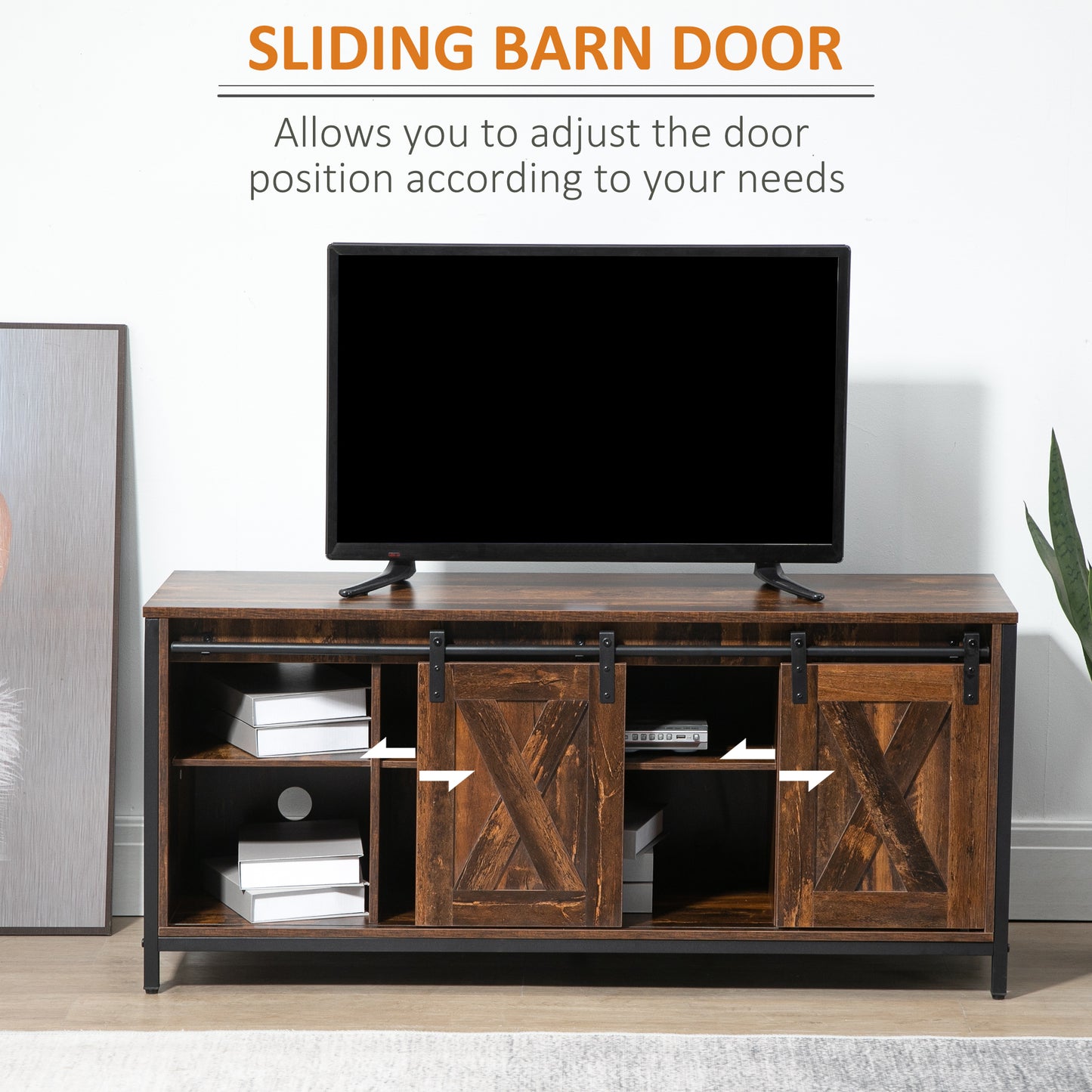 Industrial TV Stand for TVs up to 60", TV Console with Storage and 2 Sliding Barn Doors, Freestanding Entertainment Unit