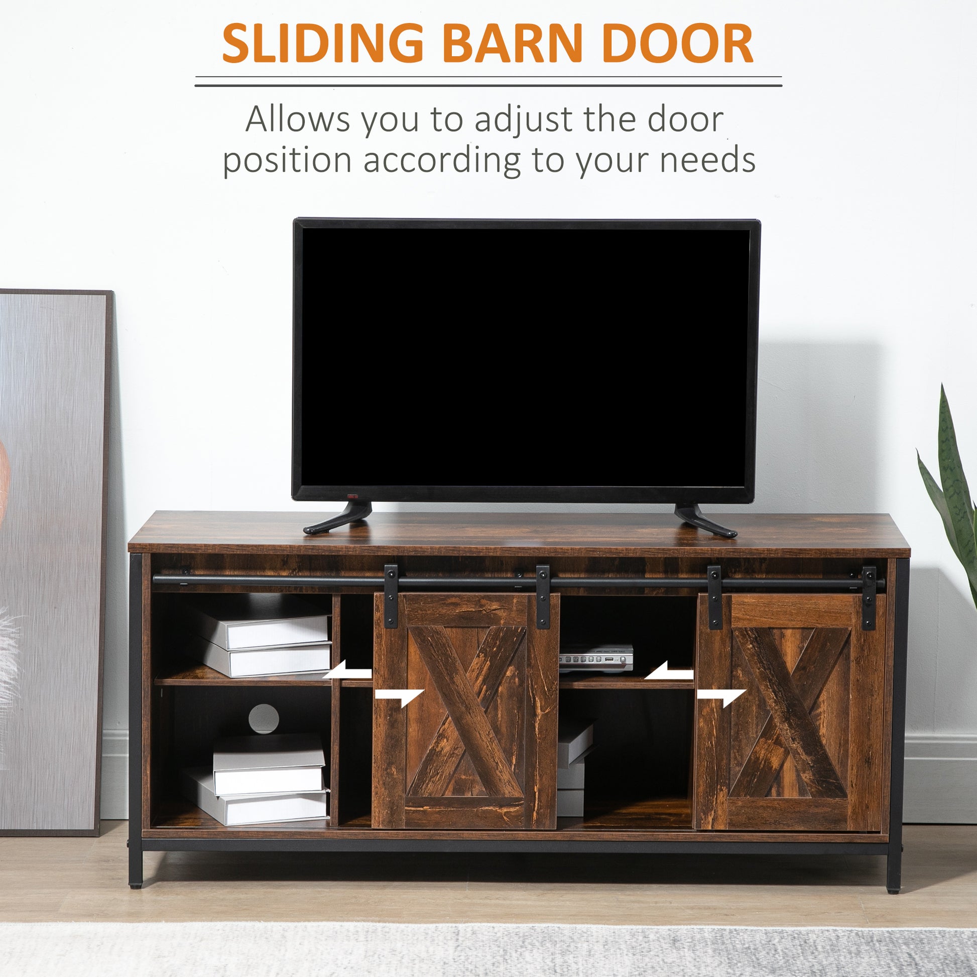 Industrial TV Stand for TVs up to 60", TV Console with Storage and 2 Sliding Barn Doors, Freestanding Entertainment Unit