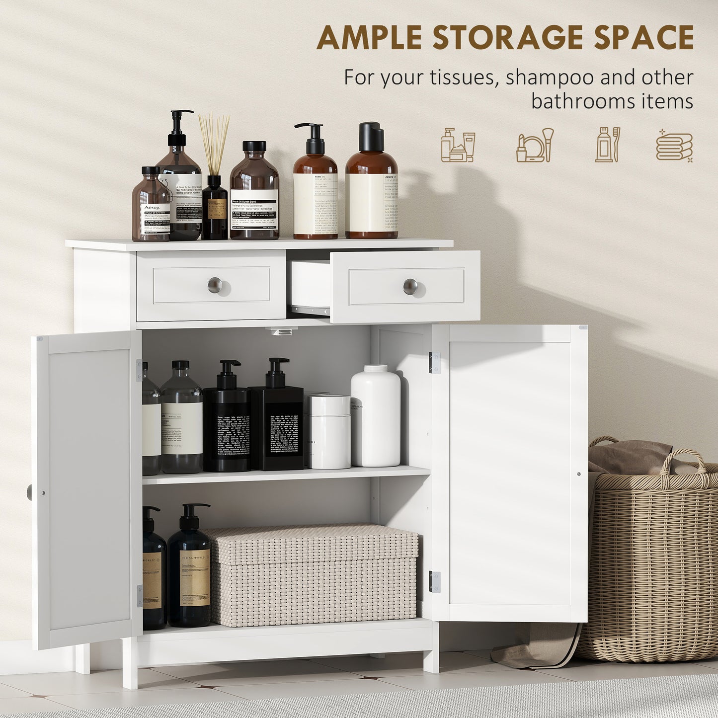 Freestanding Bathroom Floor Cabinet, Organizer Floor Tower with 2 Door, 2 Drawers, Adjustable Shelf, White