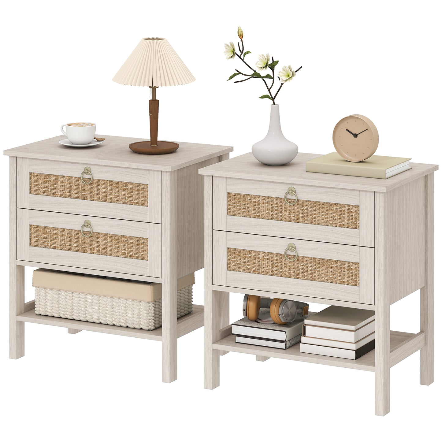 Set of 2 Boho Bedside Tables, Rattan Nightstands with 2 Drawers, Storage Shelf, End Side Tables for Bedroom, White Oak