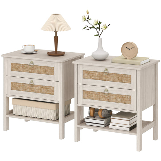 Set of 2 Boho Bedside Tables, Rattan Nightstands with 2 Drawers, Storage Shelf, End Side Tables for Bedroom, White Oak