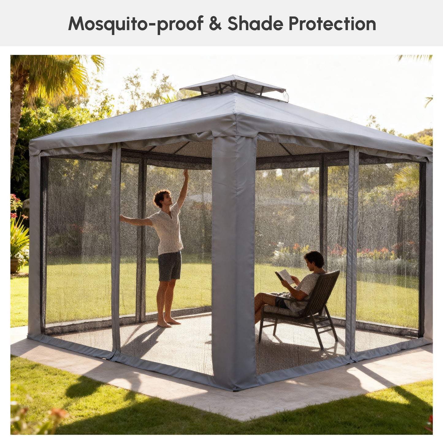10' x 10' Patio Gazebo Pavilion, 2-Tier Roof Canopy Outdoor Event Tent with Steel Frame and Mosquito Netting for Garden,